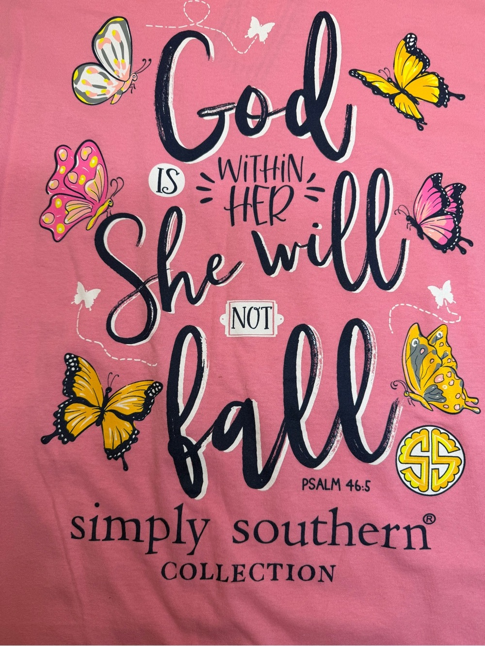 NWT Simply Southern ‘God Is Within Her She Will Not Fall' LONG Sleeve Tee pink